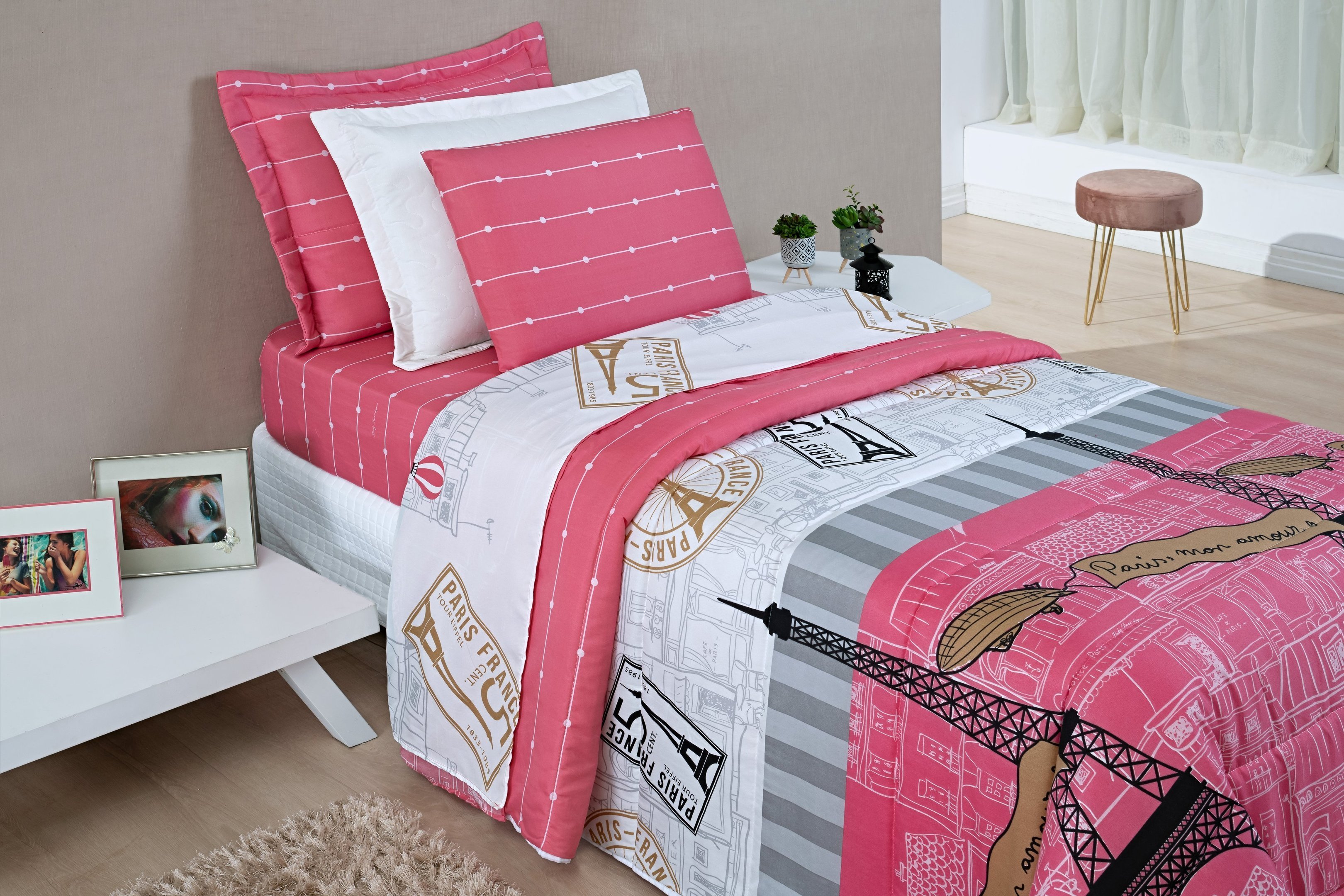 Colcha cobre-leito com capa travesseiro cama solteiro micro percal 200 fios rosa