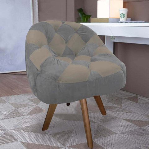 Poltrona Paloma Escritório Sala Giratória Madeira Suede Cinza e Suede Cappuccino - Dominic Decor