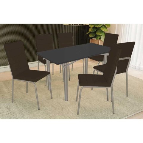 Sala de Jantar Completa Elba Tampo Madeirado C/ Vidro 160cm e 6 Cadeiras Amsterdã Niquel/preto -