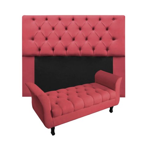 Kit Cabeceira Mirage + Calçadeira Grécia Casal 140cm Suede - Renascer Decor:Vermelho