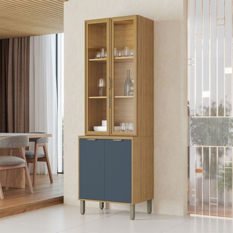 Cristaleira Colors 4 Portas 100% Mdf com Vidro Freijó/azul Secreto - Kits Paraná