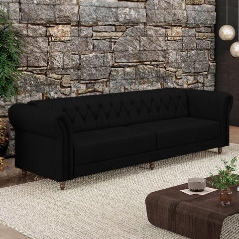 Sofá Living Sala de Estar Stanford Chesterfield 3 Lugares 240cm Pés de Madeira Couro Preto G58 - Gra