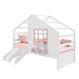Cama Casinha com Janela e Escada/ Escorregador Madeira Maciça Branco/ Rosa Housin - 2
