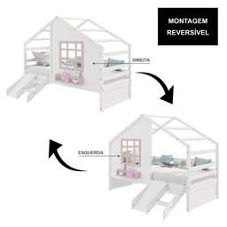 Cama Casinha com Janela e Escada/ Escorregador Madeira Maciça Branco/ Rosa Housin - 6