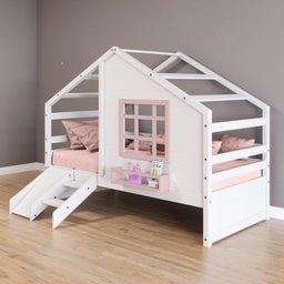 Cama Casinha com Janela e Escada/ Escorregador Madeira Maciça Branco/ Rosa Housin - 1