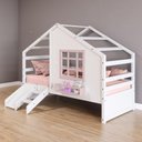 Ver imagem 1 de Cama Casinha com Janela e Escada/ Escorregador Madeira Maciça Branco/ Rosa Housin