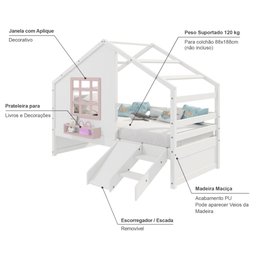 Cama Casinha com Janela e Escada/ Escorregador Madeira Maciça Branco/ Rosa Housin - 3