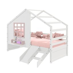 Cama Casinha com Janela e Escada/ Escorregador Madeira Maciça Branco/ Rosa Housin - 5