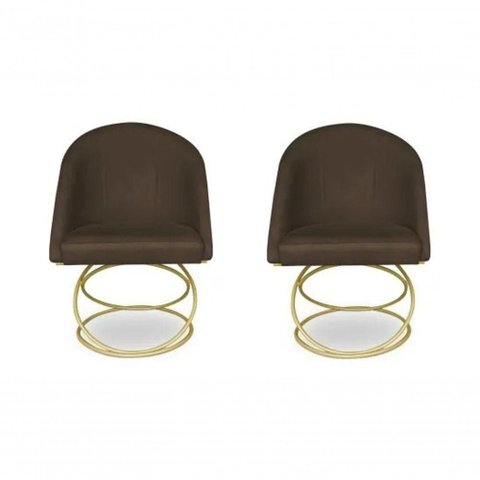 Kit 2 Cadeira de Jantar Luxo Base de Metal Dourado Sala Esritório Recepção Suede Veludo Marrom do