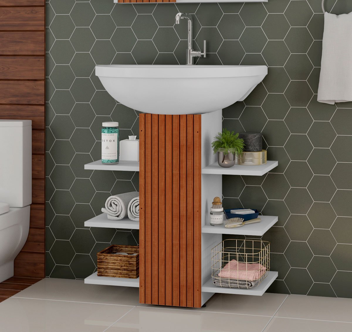 Gabinete Banheiro Pia de Coluna Mark Flex Collor - Potenza Móveis - Branco Ripado