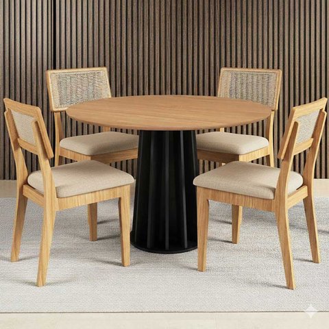 Mesa Jantar Redonda 105cm com 4 Cadeiras Estofadas 100% Mdf Cor:freijó com Preto Fosco e Linho Bege