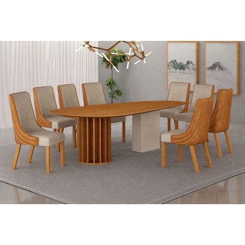Conjunto Jantar 08 Cadeiras Maciça 2x1 Pilar - Arbo Design - Cinamomo Linho Bege