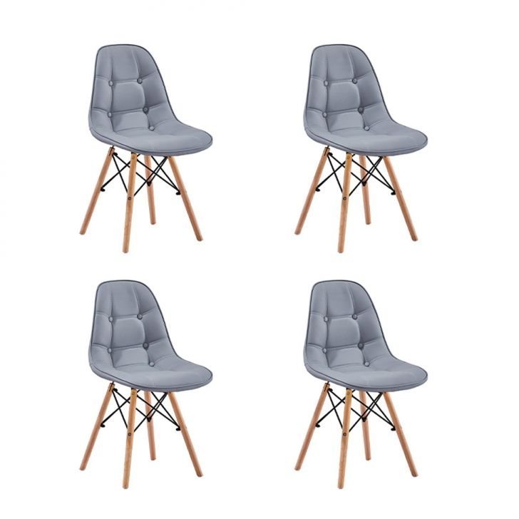 Kit 4 Cadeiras Charles Eames Botonê Eiffel Wood Estofada Couro - Cinza - 1