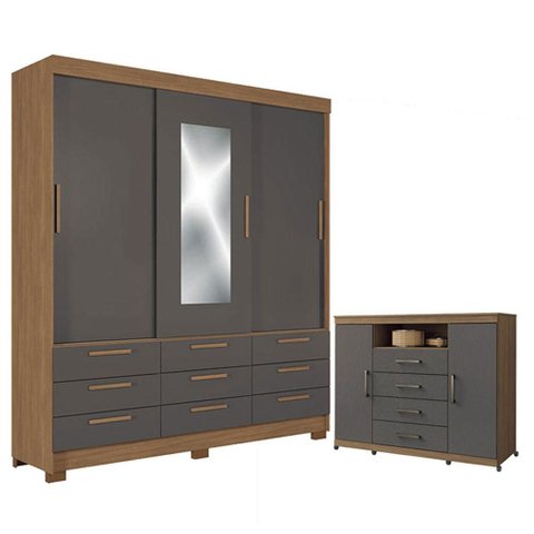 Guarda Roupa Casal 3 Portas 9 Gavetas Morretes com Espelho e Cômoda Havana Master com Rodízio Jatobá