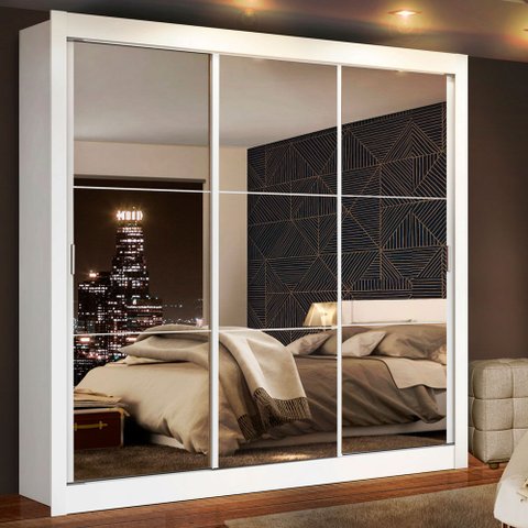 Guarda-Roupa Casal Madesa Mônaco 3 Portas de Correr de Espelho Branco Cor:Branco