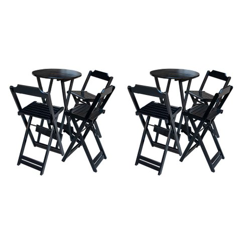 Kit 2 Conjuntos de Mesa Bistrô Dobravel em Madeira Maciça com 3 Banquetas Altas - Preto