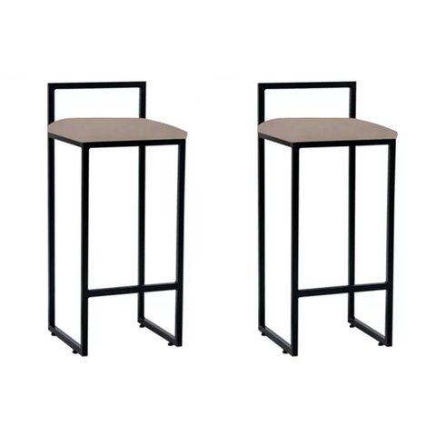 Kit 2 Banquetas Altas Industriais Bar Cozinha Balcão em Aço Dori Preto Assento Suede Bege