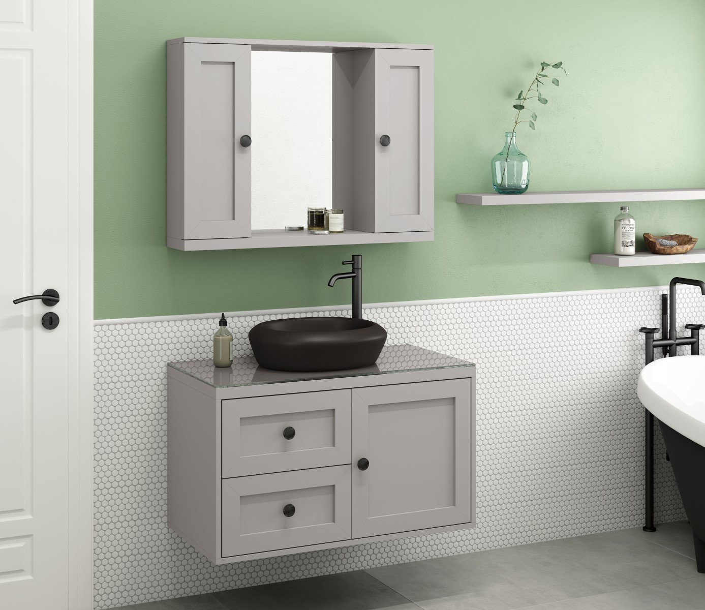 Gabinete Provençal 80 C/ Cuba e Espelheira Cinza Mat.: Cinza / Preto - 1