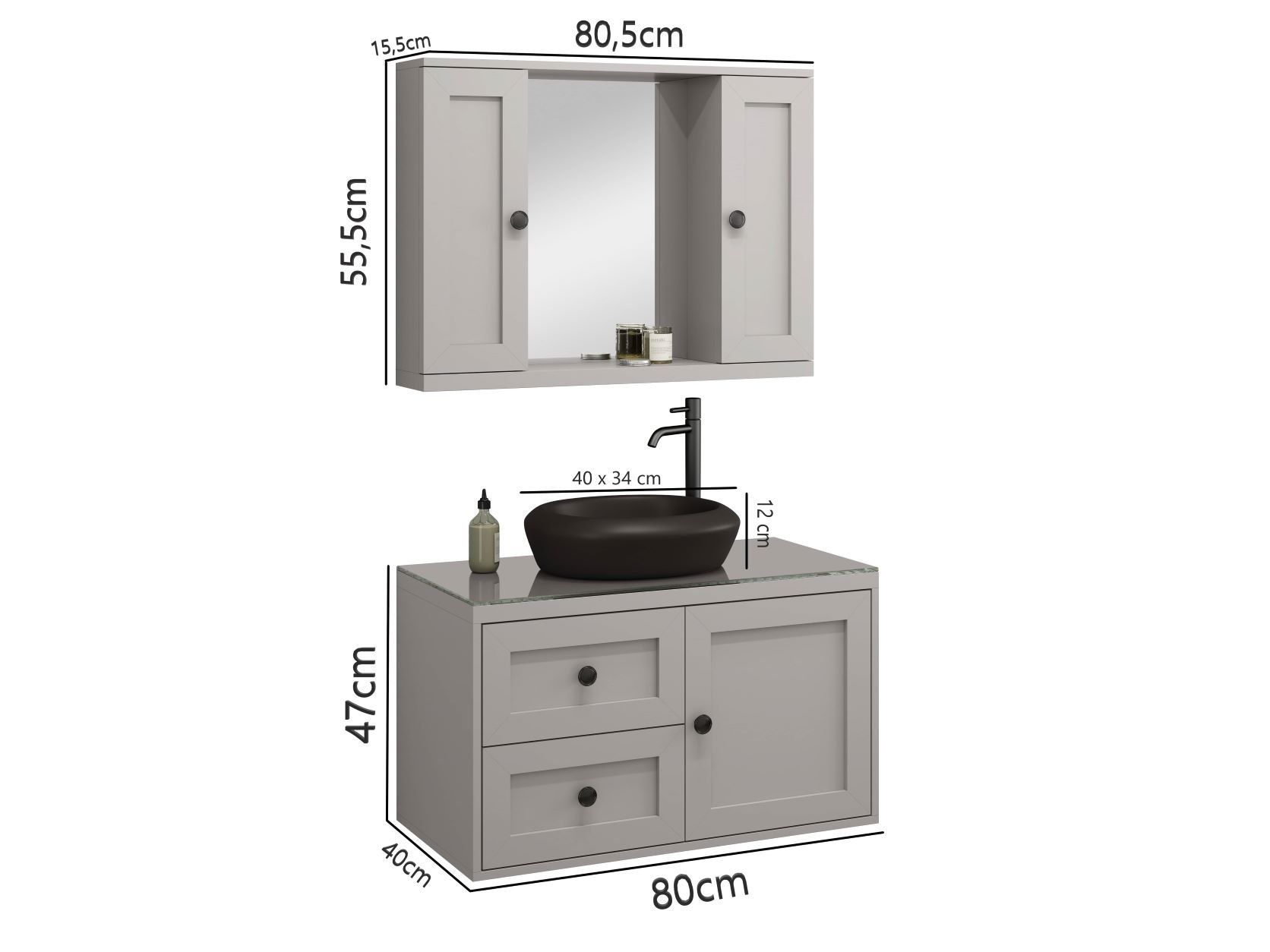 Gabinete Provençal 80 C/ Cuba e Espelheira Cinza Mat.: Cinza / Preto - 8