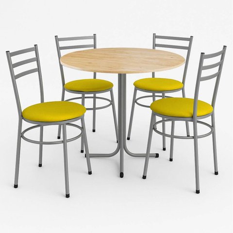Mesa de Jantar Redonda 80cm Pinus com 4 Cadeiras Estofada Cinza