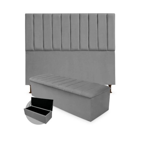 Kit Cabeceira + Calçadeira Baú Cancun Casal 140cm Suede - Ecotec Decor:Cinza
