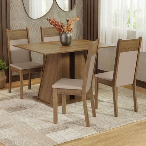 Conjunto Sala de Jantar Mesa Tampo de Madeira 4 Cadeiras Rustic/bege Angel Madesa
