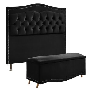Conjunto Cabeceira/Calçadeira Holanda 0,90 cm Veludo Preto - Star Confort
