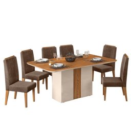 Mesa de Jantar Mia 170x90 Creme/Carvalho com 6 Cadeiras Elen Carvalho Europeu/Marrom Café - PR Móvei - 1 Mesa de Jantar Mia 170x90 Creme/Carvalho com 6 Cadeiras Elen Carvalho Europeu/Marrom Café - PR Móvei - 1