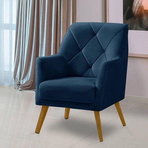 Poltrona Decorativa Bordada Magali Veludo Azul Marinho Lansofbr
