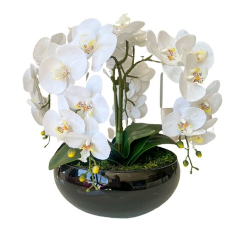 Arranjo 4 Flores Orquídeas Artificial Amarelas No Vaso Preto
