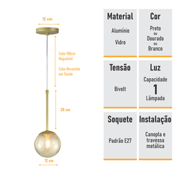 Pendente Globo Esfera de Vidro 12cm - Ouro - Vidro Âmbar - 2527-14-am - 4