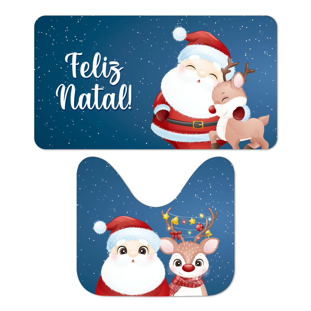 Jogo de Tapete para Banheiro Natalino Noel e Rena Cute Capa de Almofada