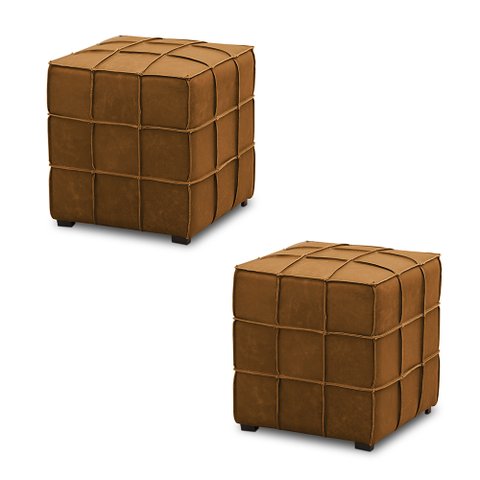 Kit 2 Puffs Decorativos Augusto 43cm Sala de Estar Couro Caramelo Manchado G88 - Gran Belo