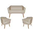 Ver imagem 1 de Kit Namoradeira + 2 Poltronas Decorativa Agatha Couro Bege Pés Madeira Mz Decor