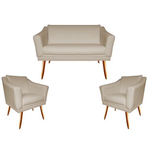 Kit Namoradeira + 2 Poltronas Decorativa Agatha Couro Bege Pés Madeira Mz Decor