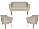 Ver imagem 1 de Kit Namoradeira + 2 Poltronas Decorativa Agatha Couro Bege Pés Madeira Mz Decor