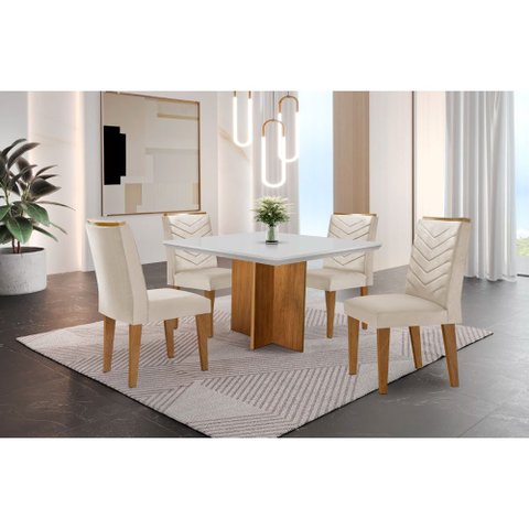 Conjunto Sala de Jantar Mesa Olímpia 90cm Mdf Canto Reto e 4 Cadeiras Liz Moderna
