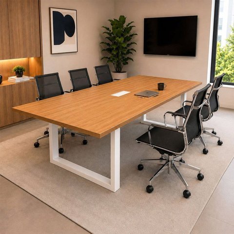 Mesa Reunião Industrial 180x90cm com 1 Caixa de Tomadas Pés Metal Corporate Industrial Executive