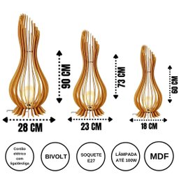 Abajur Grande de Chão ANA MARIA MDF Luminária -:Marrom/Kit com 3 - 90x28cm, 75x23cm e 60x18cm - 3