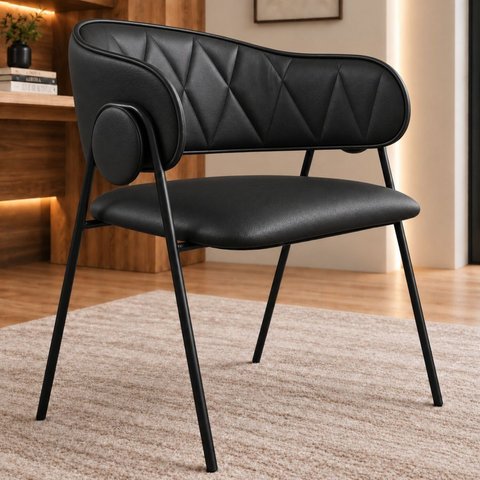 Cadeira de Jantar Industrial Estofada Corino Preto Lara