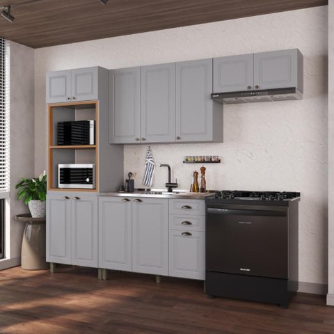 Armário de Cozinha Modulada Compacta Fidelitá Nara 100% MDF 4 Peças 270cm 12 Portas 2 Gavetas sem