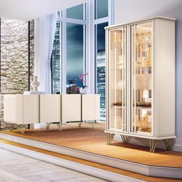 Kit Aparador Buffet Bar Living Santiago com Cristaleira Adega Síria B01 Off White - 5
