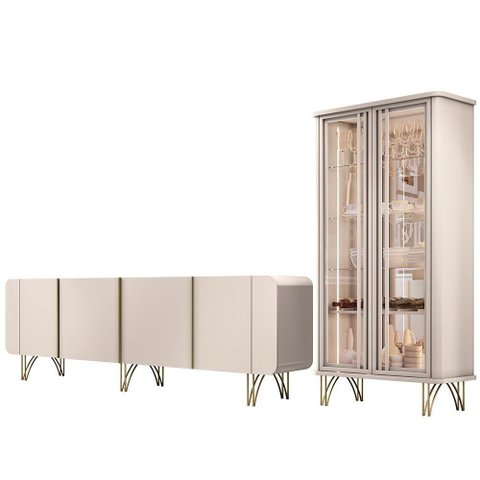 Kit Aparador Buffet Bar Living Santiago com Cristaleira Adega Síria B01 Off White