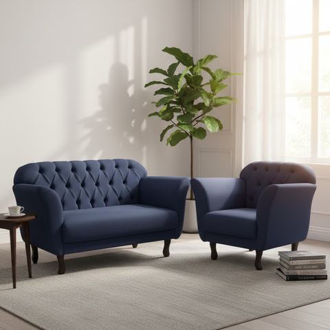 Kit Namoradeira + 1 Poltrona Decorativa Dália Veludo Azul Marinho
