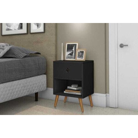 Mesa de Cabeceira com 1 Gaveta Pés Palito Retrô Preto- Rede Móveis