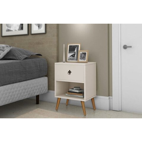 Mesa de Cabeceira com 1 Gaveta Pés Palito Retrô Offwhite- Rede Móveis