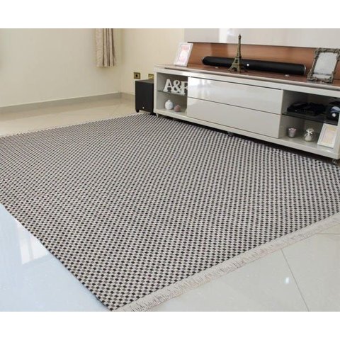 Tapete Rustico para Sala e Quarto 100% Algodão Xadrez Cinza / Cru / Preto