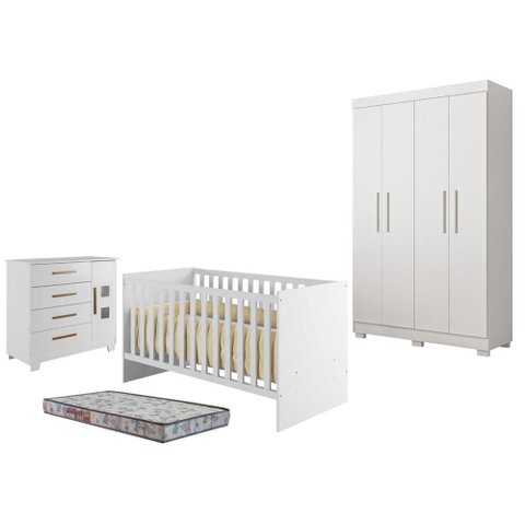 Guarda Roupa Florida com Cômoda Fly e Berço Americano Soft Branco Acetinado Colchão Sleep - Tigus