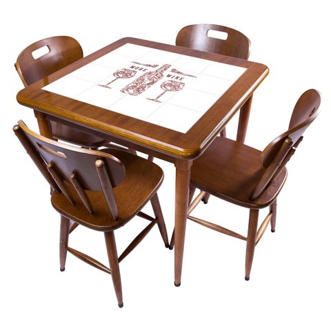 Cj Mesa Madeira Azulejo 80x80cm - Base 4pé 78cm + 4 Cadeiras 43 - Natural - More Wine