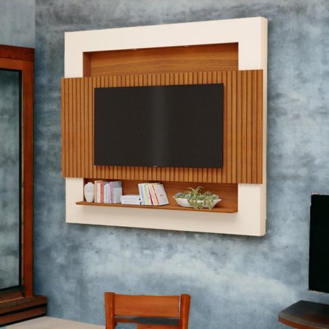 Painel para TV Riviera 75 Polegadas 217cm MDF Ripado Freijó e Off White Luapa Móveis